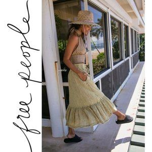 Free People Mellow Acid Wash Midi Skirt in Color Wheatgrass